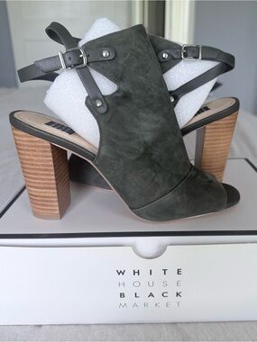 White House Black Market Olive Suede Peep-Toe Block Heel Booties